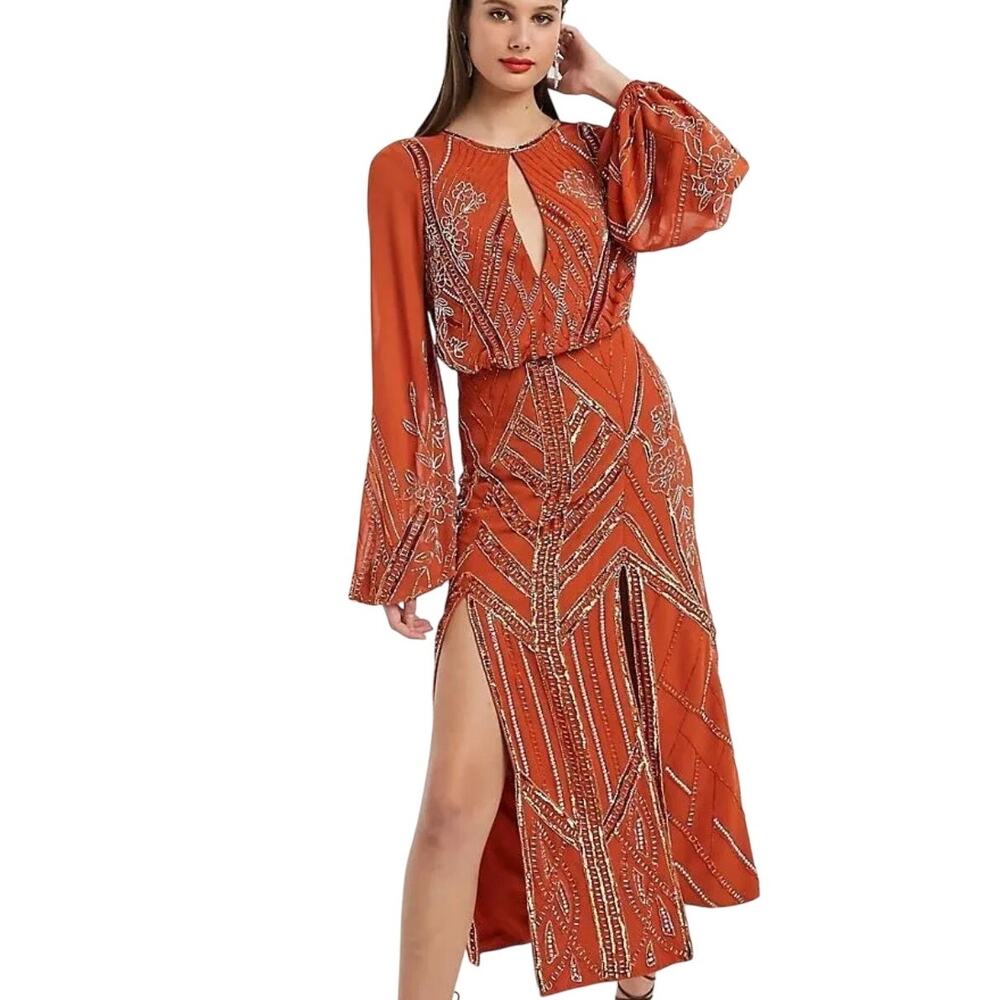 Asos Burnt Orange Beaded Keyhole Long Sleeve Midi Party Dress 2